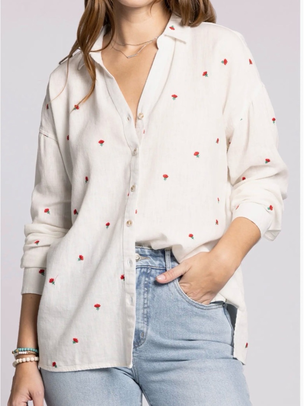 Thread & Supply White Linen/Rayon Longsleeve Button Down Shirt Embroidered Roses
